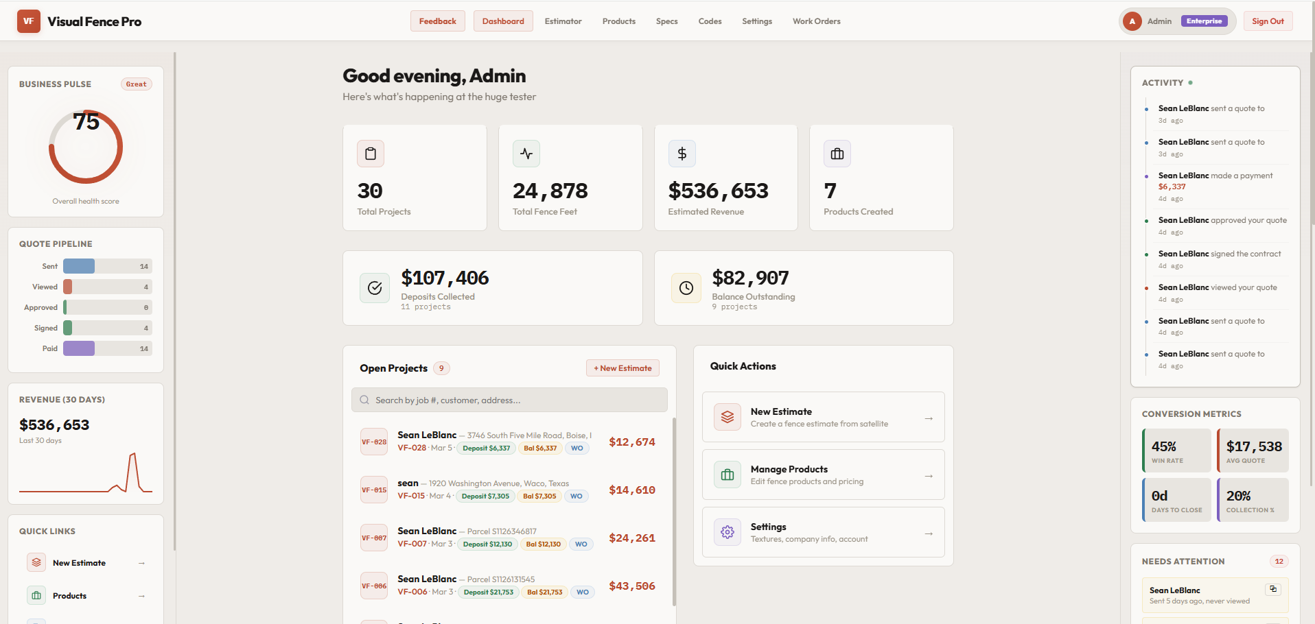 Visual Fence Pro dashboard